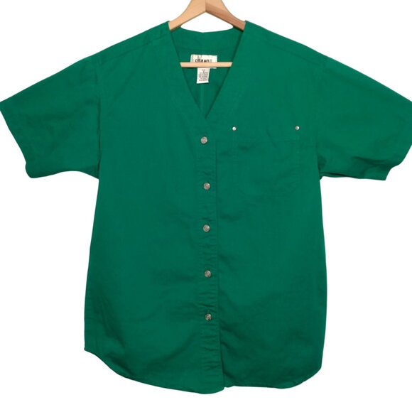 Vintage 1990s Gitano Shirt Women Small Kelly Green Twill Button Up V Neck Retro - Picture 1 of 8